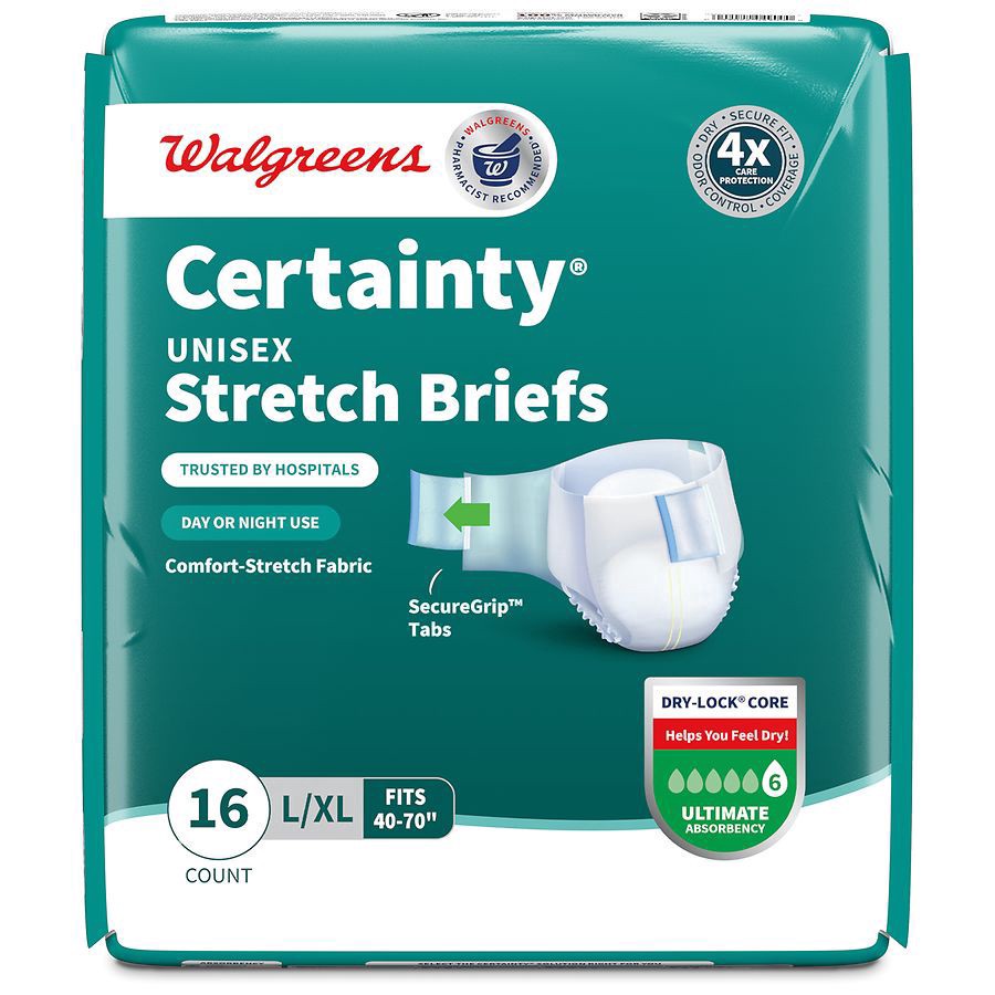 slide 5 of 5, Walgreens Certainty Unisex Adjustable Incontinence Stretch Briefs with Tabs Large/X-Large, 16 ct