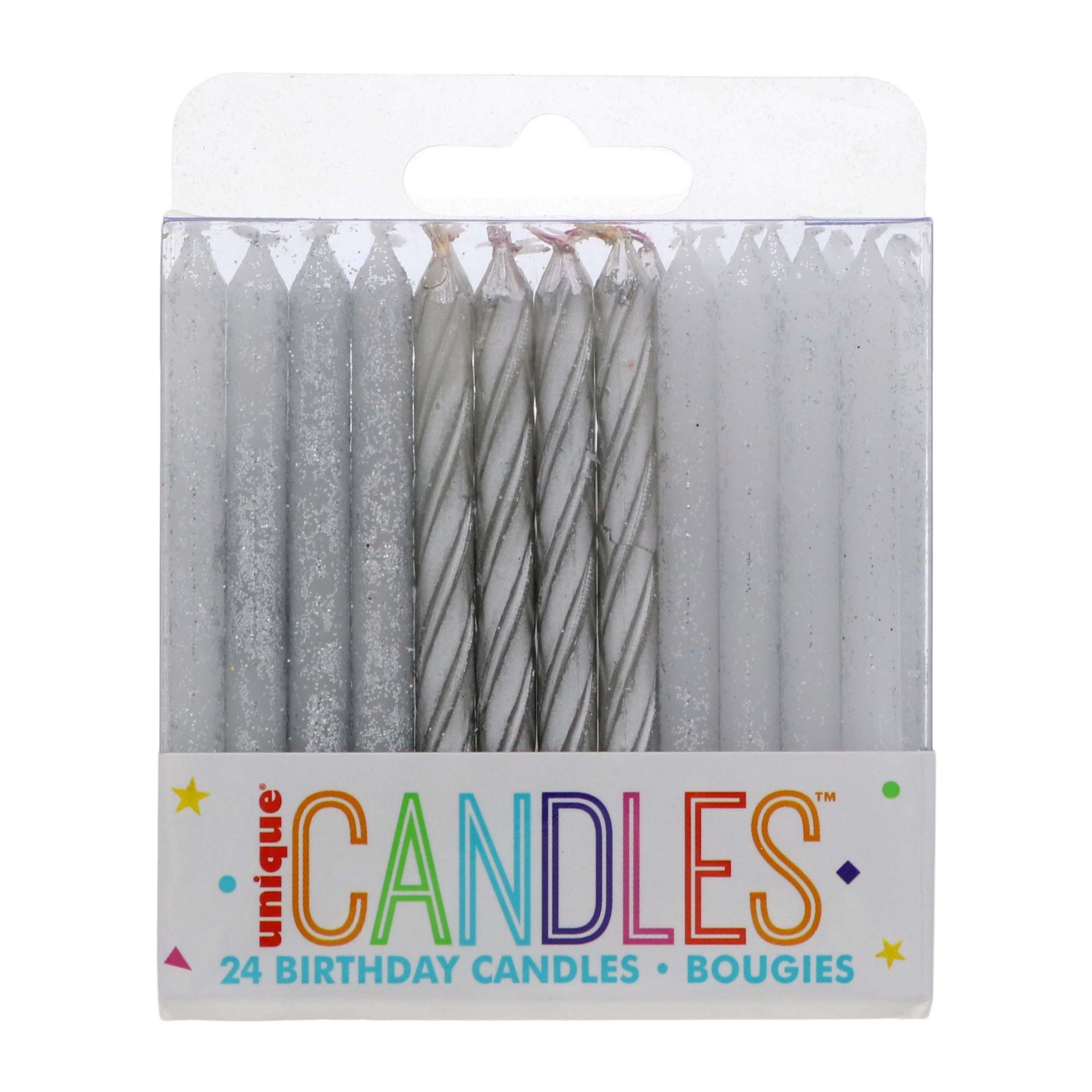 slide 1 of 1, Unique Industries Silver Glitter Spiral Birthday Candles, 24 ct