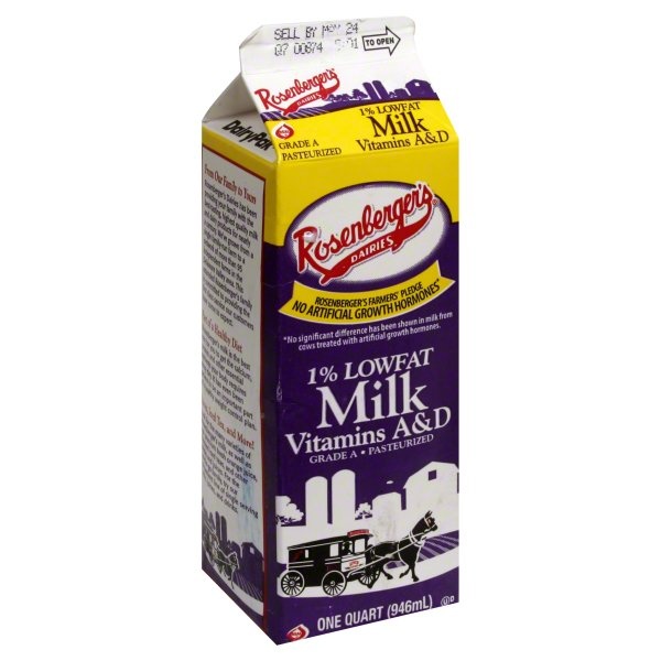 slide 1 of 1, Rosenberger's Milk, Lowfat, 1% Milkfat, 1 qt