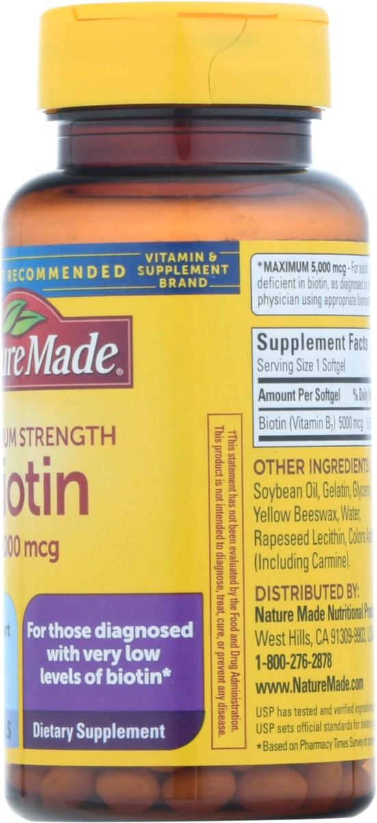 slide 5 of 14, Nature Made Maximum Strength Biotin 5000 mcg, Dietary Supplement may help support Healthy Hair, Skin & Nails, 50 Softgels, 50 ct