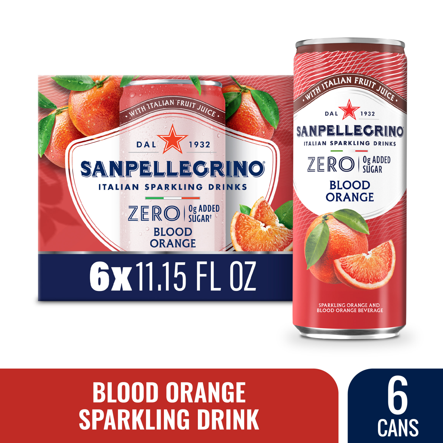 slide 1 of 5, SanPellegrino Zero Grams Added Sugar Italian Sparkling Drinks Blood Orange, Sparkling Orange and Blood Orange Beverage, 6 Pack of 11.15 Fl Oz Cans, 6 ct