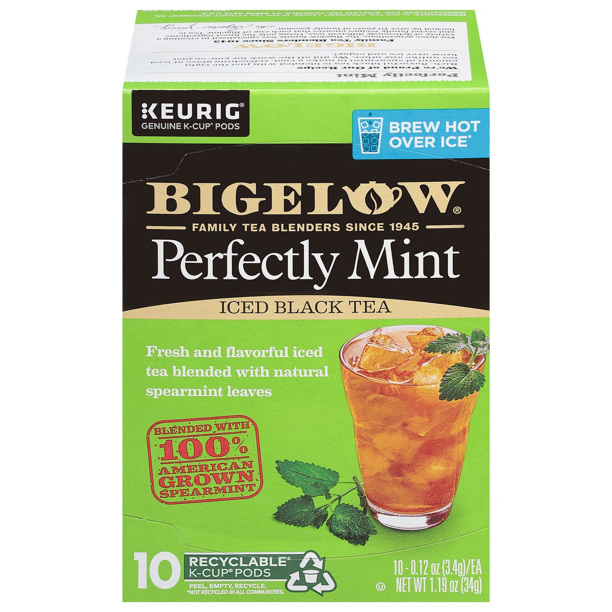 slide 1 of 10, Bigelow Mint Iced Tea Brew Over Ice K-cups, 10 K-cup Pods, 10 ct