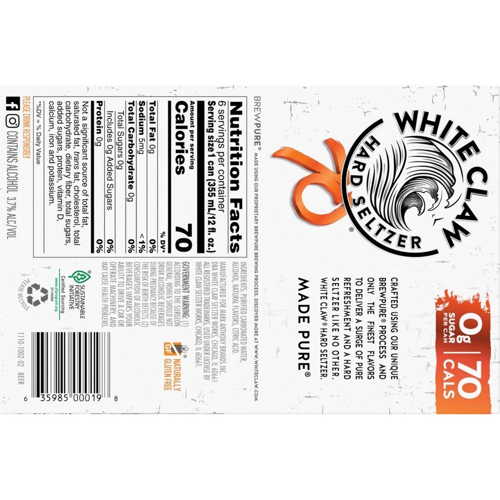 slide 4 of 4, White Claw Hard Seltzer White Claw 70 Clementine Hard Seltzer, 6 ct; 12 oz