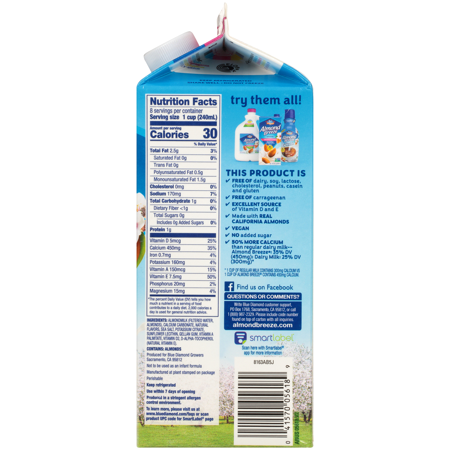 slide 2 of 2, Blue Diamond Almond Breeze Unsweetened Vanilla Almondmilk, 64 oz, 1/2 gal