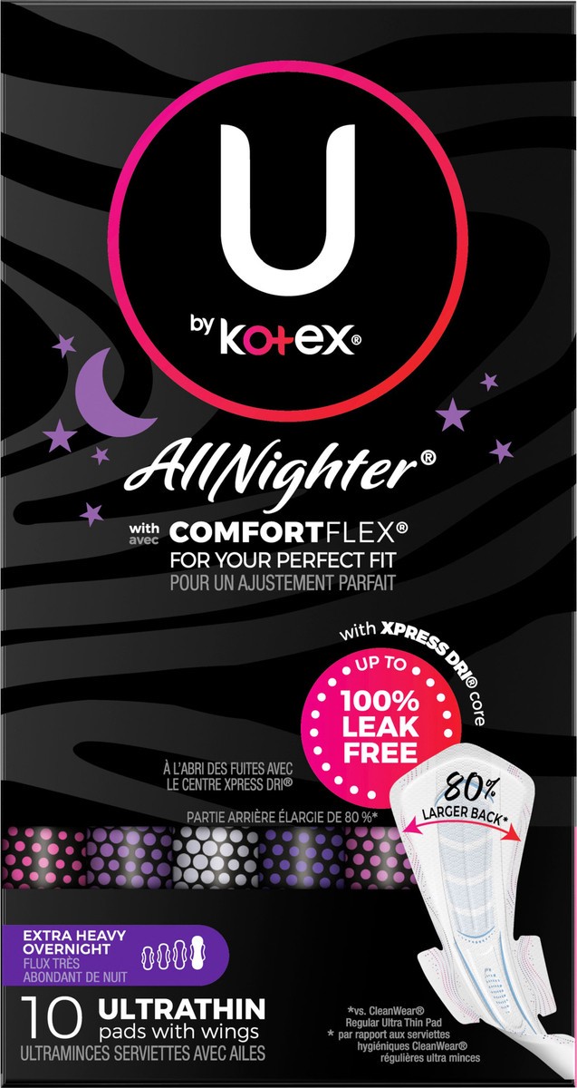 slide 9 of 9, U by Kotex AllNighter Extra Heavy Overnight Ultrathin Pads with Wings 10 Pads 10 ea, 10 ct