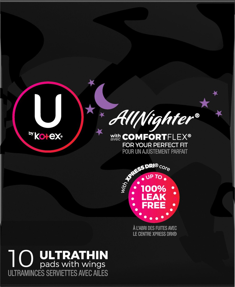 slide 6 of 9, U by Kotex AllNighter Extra Heavy Overnight Ultrathin Pads with Wings 10 Pads 10 ea, 10 ct