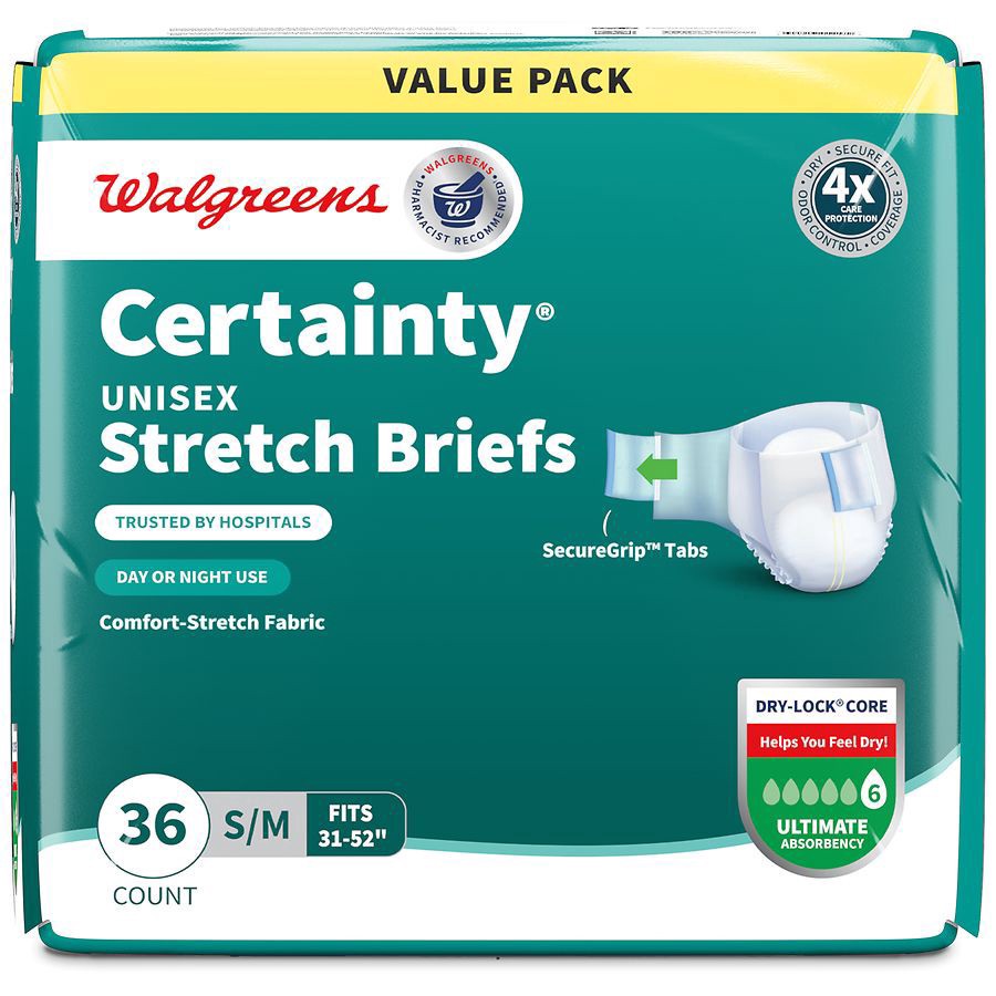 slide 2 of 5, Walgreens Certainty Unisex Adjustable Incontinence Stretch Briefs with Tabs S/M, 36 ct