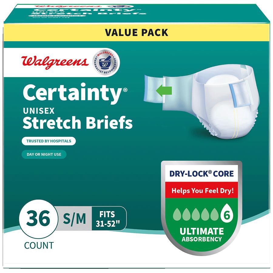 slide 1 of 5, Walgreens Certainty Unisex Adjustable Incontinence Stretch Briefs with Tabs S/M, 36 ct