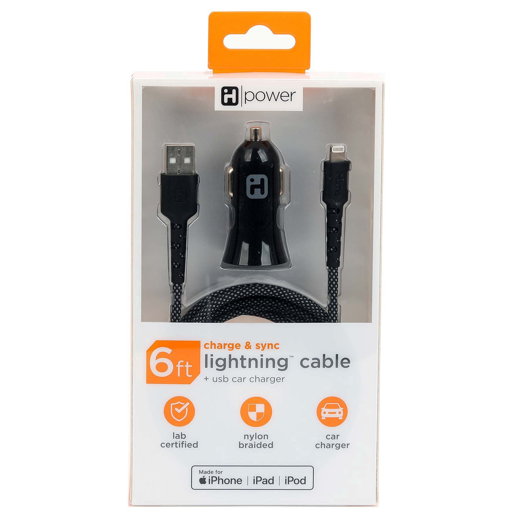 slide 1 of 1, iHome Black USB Car Charger & 6' Lightning Cable Set, 6 ft