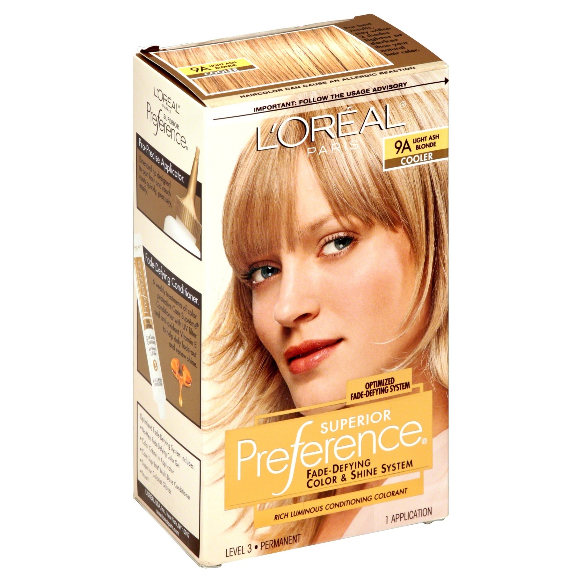 slide 1 of 8, L'Oréal Superior Preference Fade-Defying Color & Shine System, Level 3 Permanent, Cooler, Light Ash Blonde 9A, 1 ct