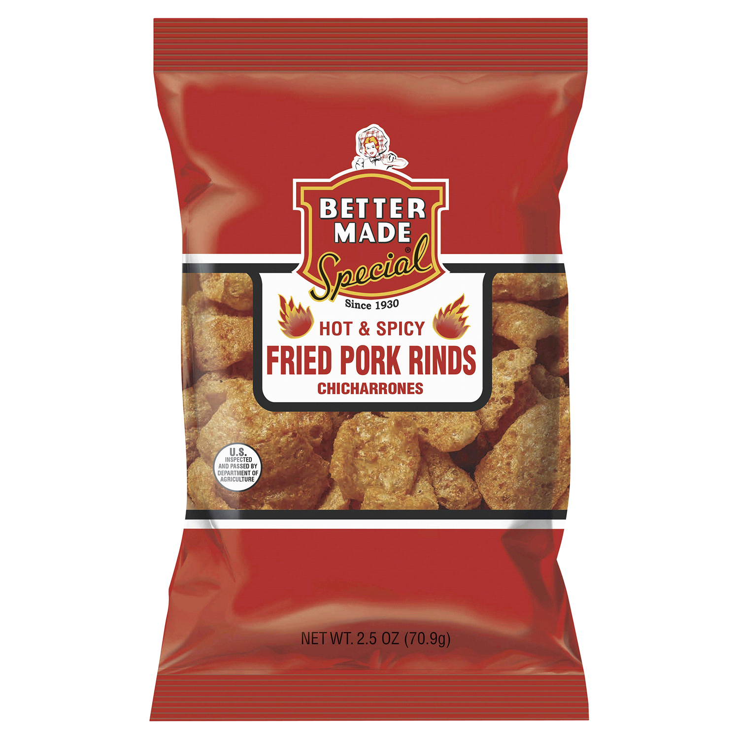 slide 1 of 2, Better Made Bettermade Hot & Spicy Pork Rinds, 2.5 oz