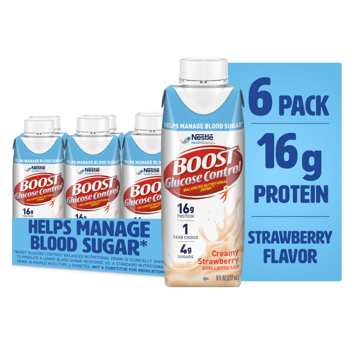 slide 1 of 7, Boost Glucose Control Creamy Strawberry Balanced Nutritional Drink 6 - 8 fl oz Cartons, 6 ct