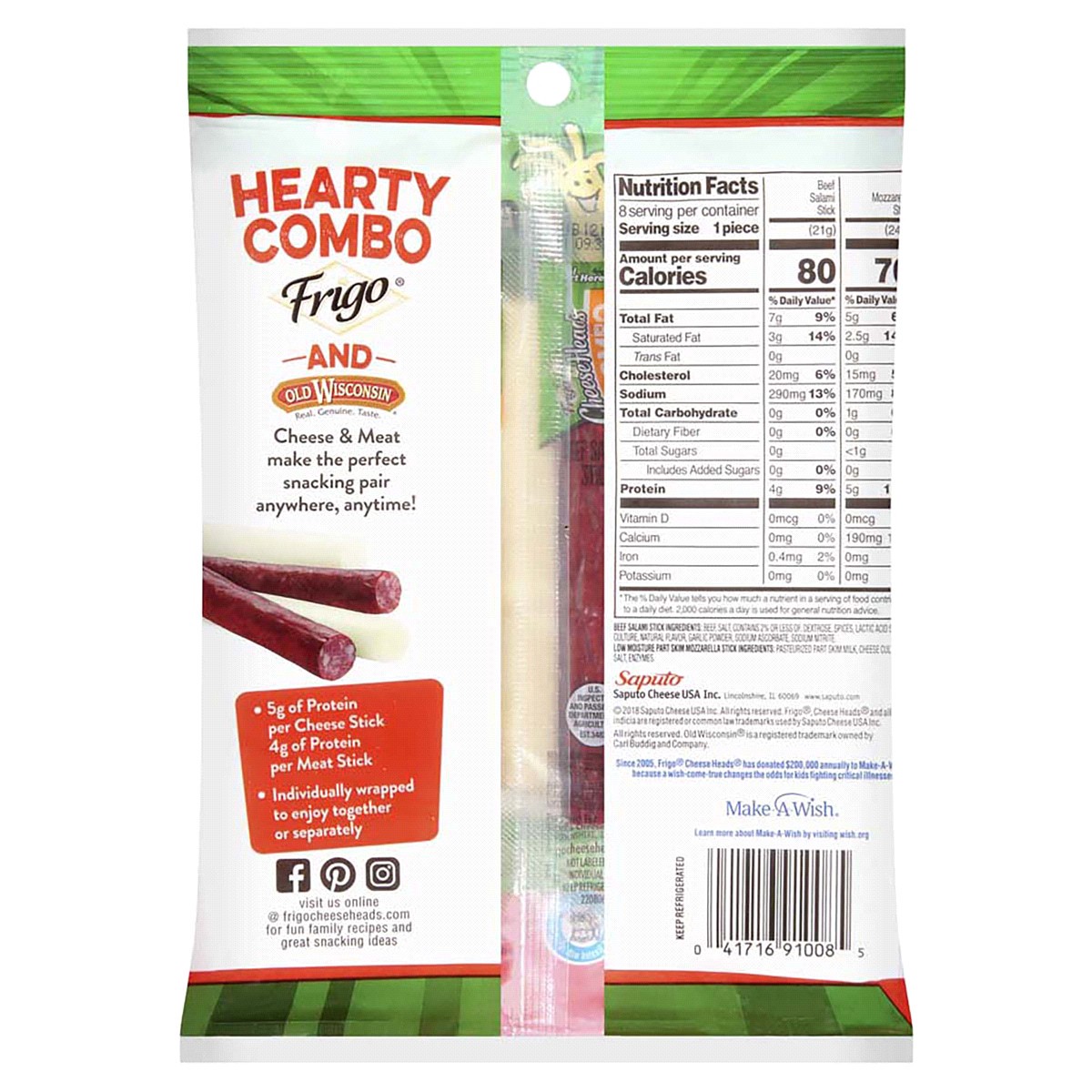slide 2 of 2, Frigo Cheese Heads Low Moisture Part Skim Mozzarella Cheese & Beef Salami Sticks Combo Pack, 6.32 oz, 8 count, 8 ct