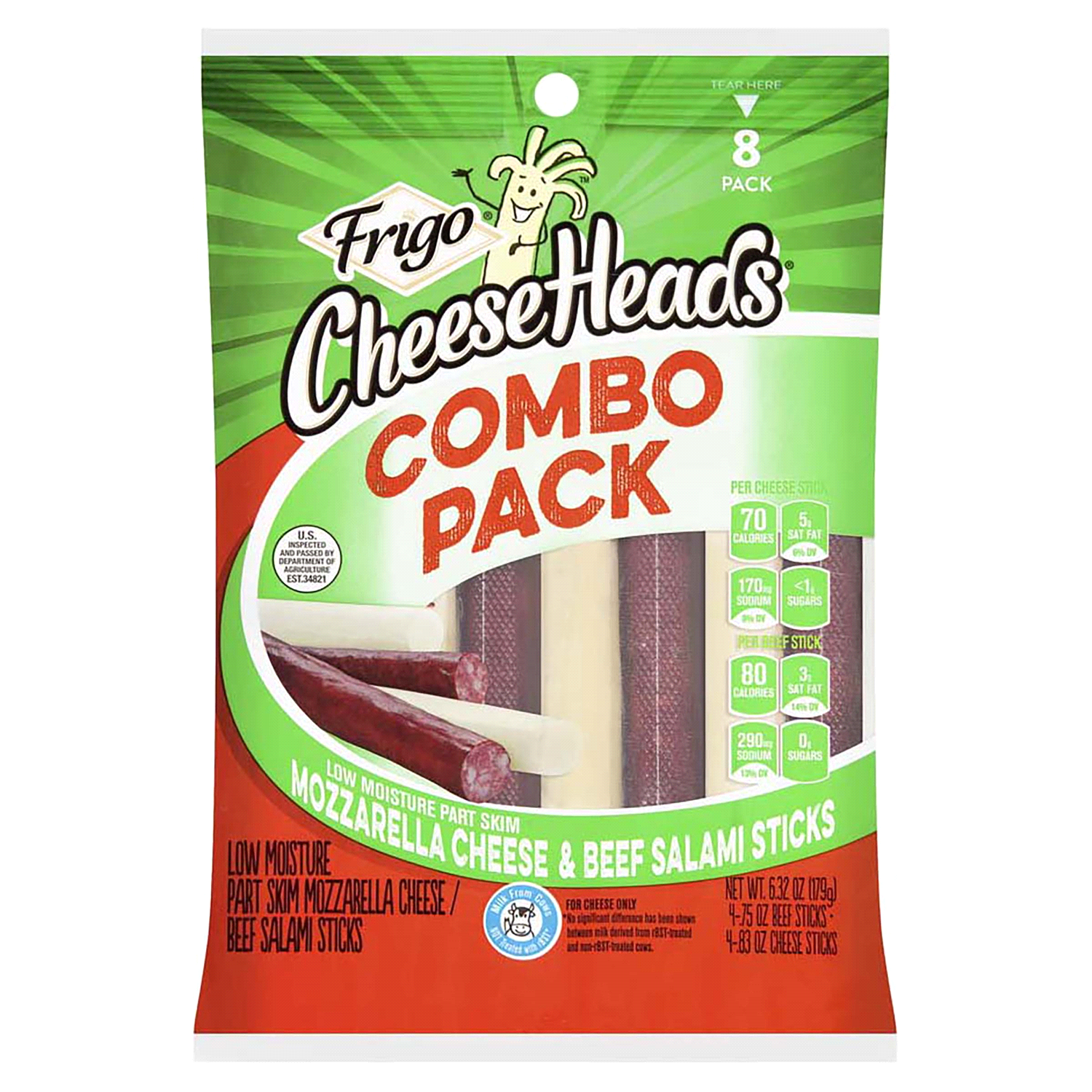 slide 1 of 2, Frigo Cheese Heads Low Moisture Part Skim Mozzarella Cheese & Beef Salami Sticks Combo Pack, 6.32 oz, 8 count, 8 ct