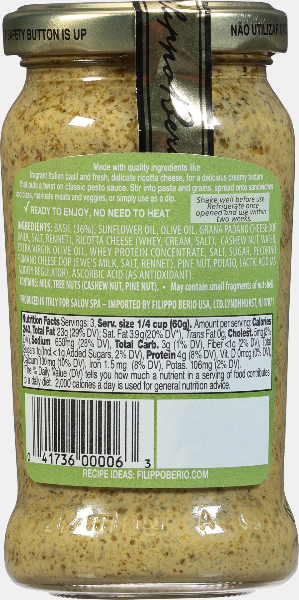 slide 2 of 2, Filippo Berio Basil & Ricotta Pesto 6.7 oz, 6.7 oz