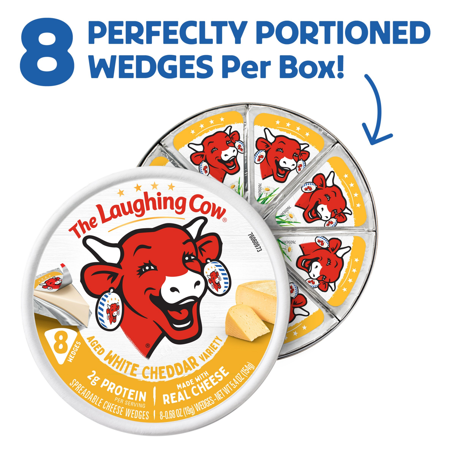 slide 5 of 7, The Laughing Cow Creamy White Cheddar Flavor Spreadable Cheese Wedges, 8 pack (5.4 oz), 8 ct, 5.4 oz