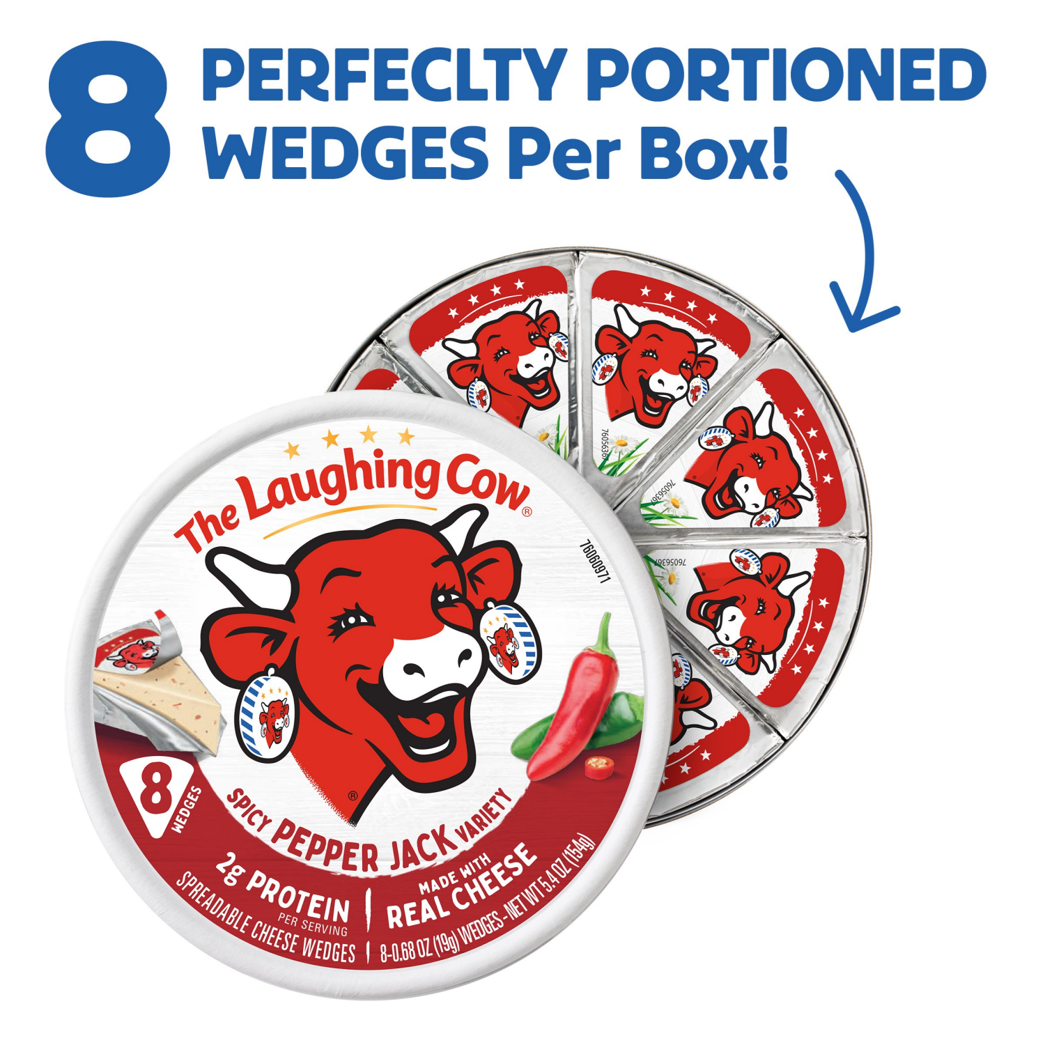 slide 5 of 7, The Laughing Cow Creamy Spicy Pepper Jack Spreadable Cheese Wedges, 8 pack (5.4 oz), 8 ct, 5.4 oz