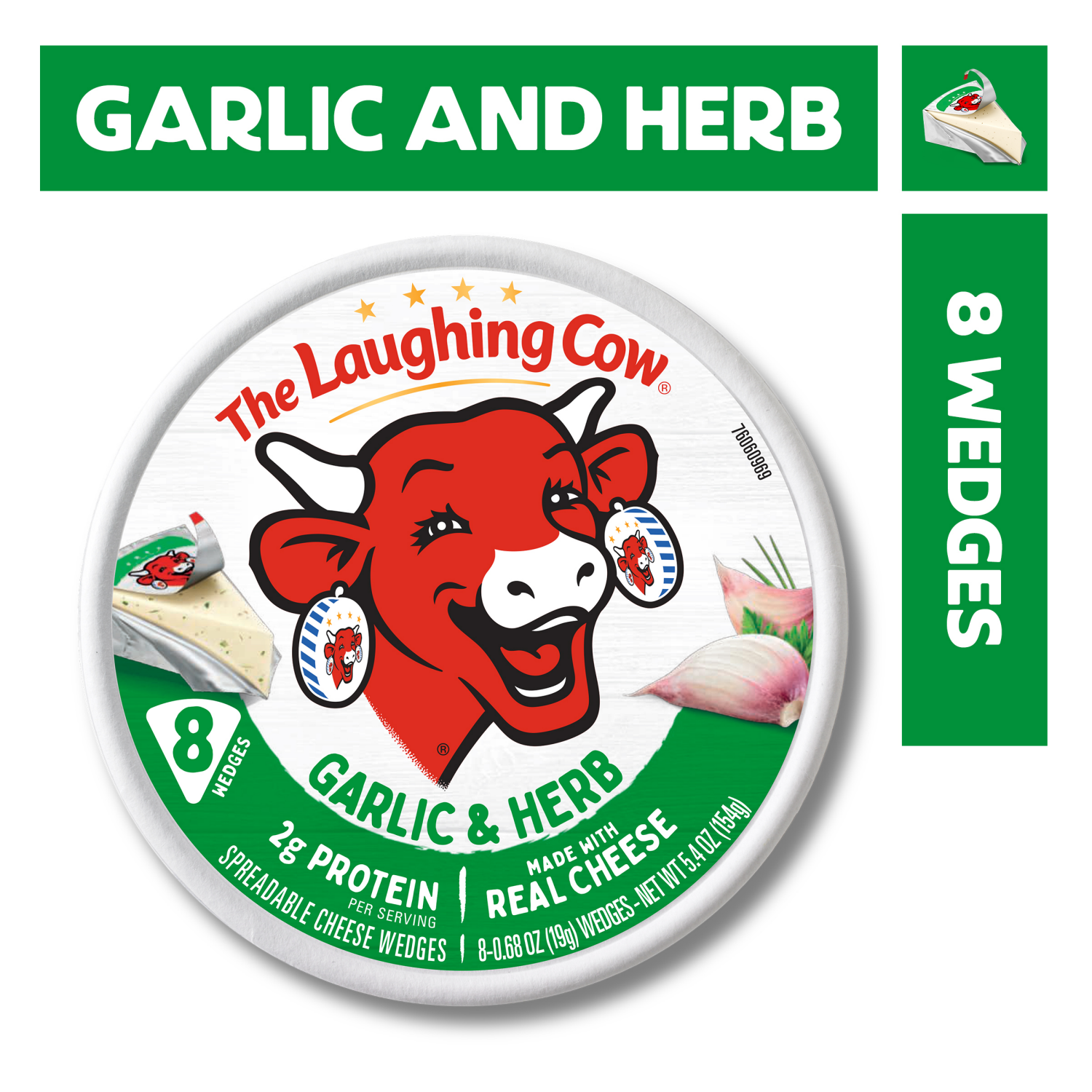 slide 1 of 6, The Laughing Cow Creamy Garlic & Herb Spreadable Cheese Wedges, 8 Pack (5.4 Oz), 8 ct, 5.4 oz