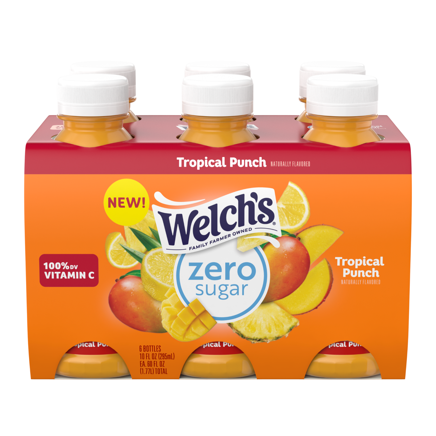 slide 1 of 3, Welch's Tropical Punch Zero Sugar Drink, 10 fl oz On-the-Go Bottle (Pack of 6), 6 ct