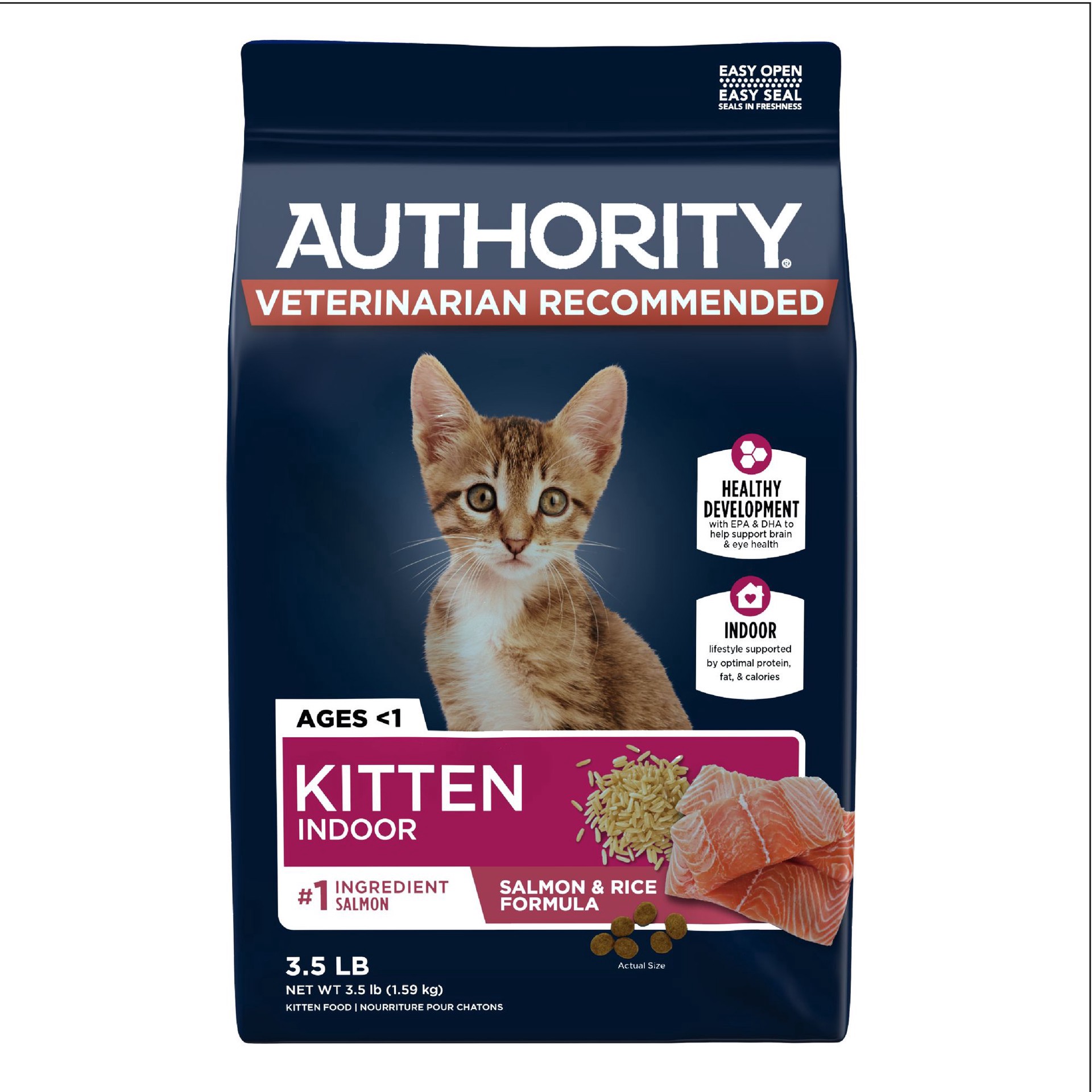 slide 1 of 1, Authority® Everyday Health Indoor Kitten Cat Dry Food - Salmon & Rice, With-Grain, 3.5 lb