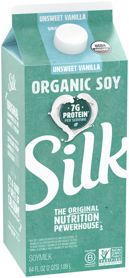 slide 7 of 8, Silk Organic Soy Milk, Unsweetened Vanilla, Dairy-Free, Vegan, Non-GMO Project Verified, Half Gallon, 64 fl oz