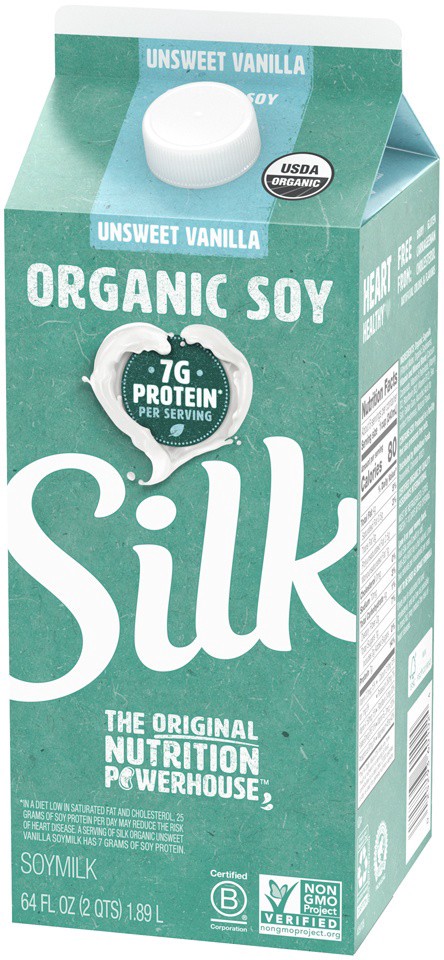 slide 5 of 8, Silk Organic Soy Milk, Unsweetened Vanilla, Dairy-Free, Vegan, Non-GMO Project Verified, Half Gallon, 64 fl oz