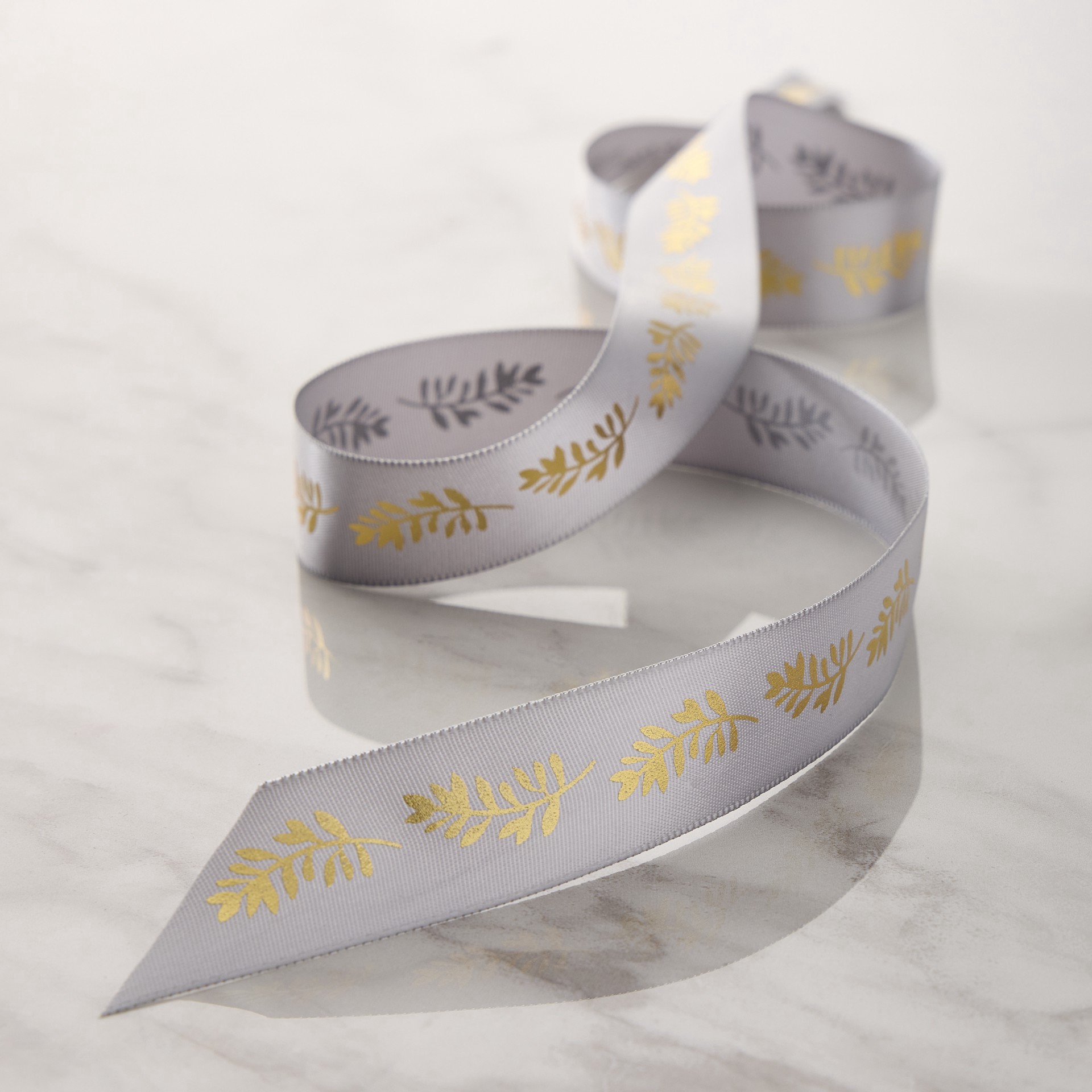 slide 2 of 2, 7/8" X 5yd. Satin Gold Foil Leaf Stem Ribbon By Celebrate It Classic, 7/8 in x 5 yd