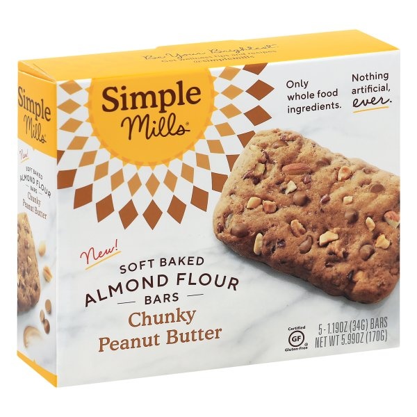 slide 1 of 1, Simple Mills Chunky Peanut Butter Almond Flour Soft Baked Bars, 5 ct; 1.19 oz