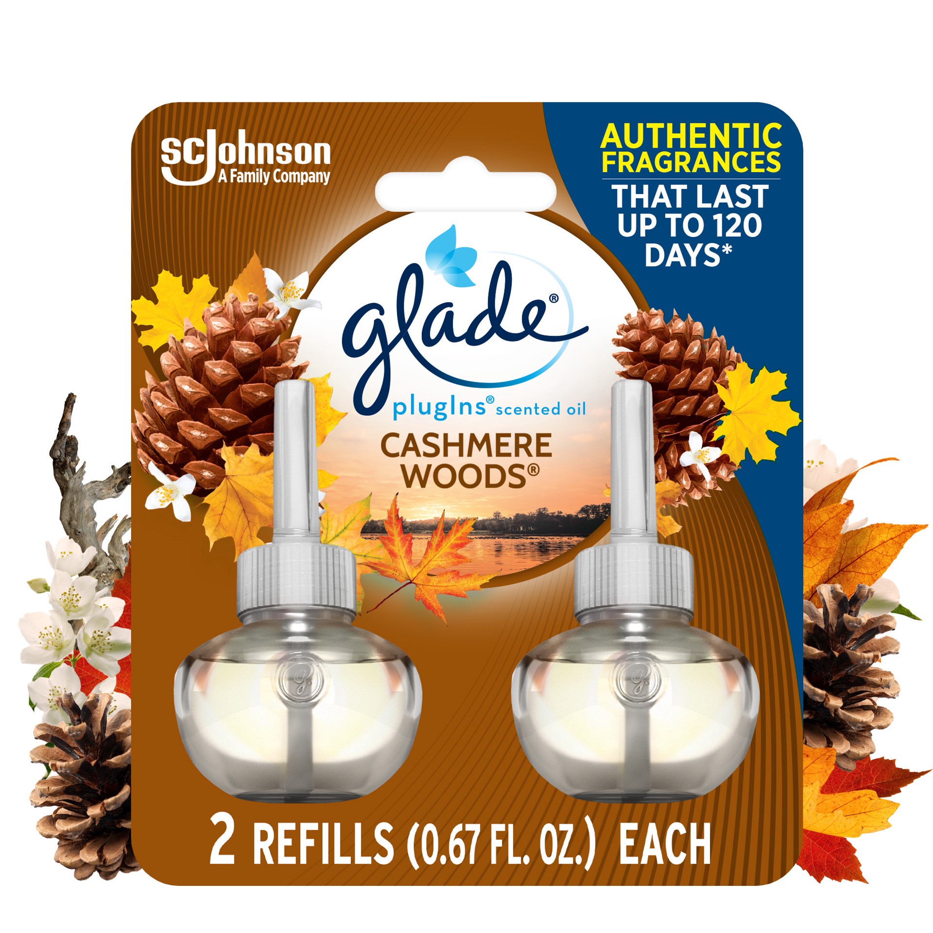 slide 5 of 5, Glade PlugIns Scented Oil Refill Cashmere Woods, Essential Oil Infused Wall Plug In, Up to 100 Days of Continuous Fragrance, 1.34 oz, Pack of 2, 1.34 fl oz