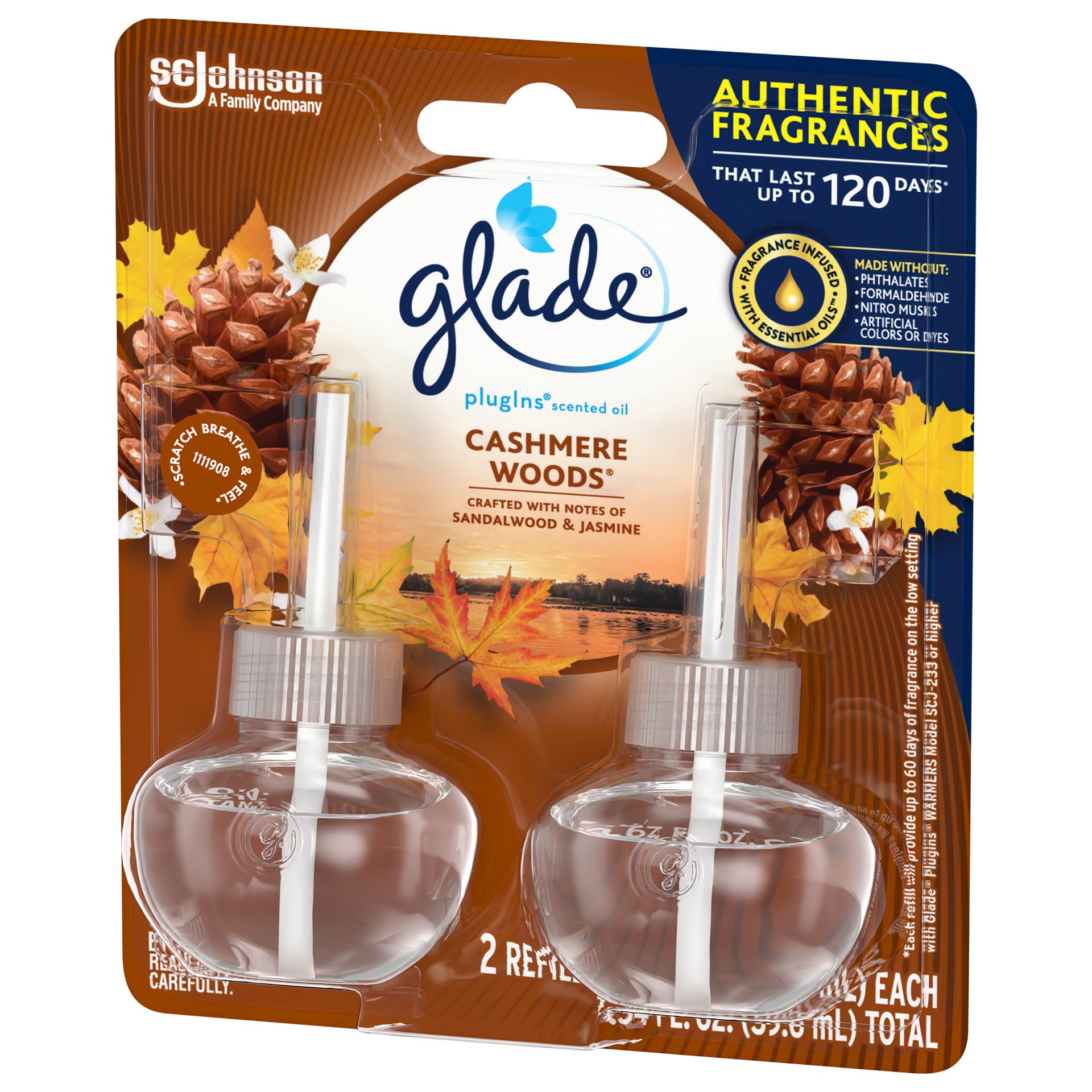 slide 3 of 5, Glade PlugIns Scented Oil Refill Cashmere Woods, Essential Oil Infused Wall Plug In, Up to 100 Days of Continuous Fragrance, 1.34 oz, Pack of 2, 1.34 fl oz