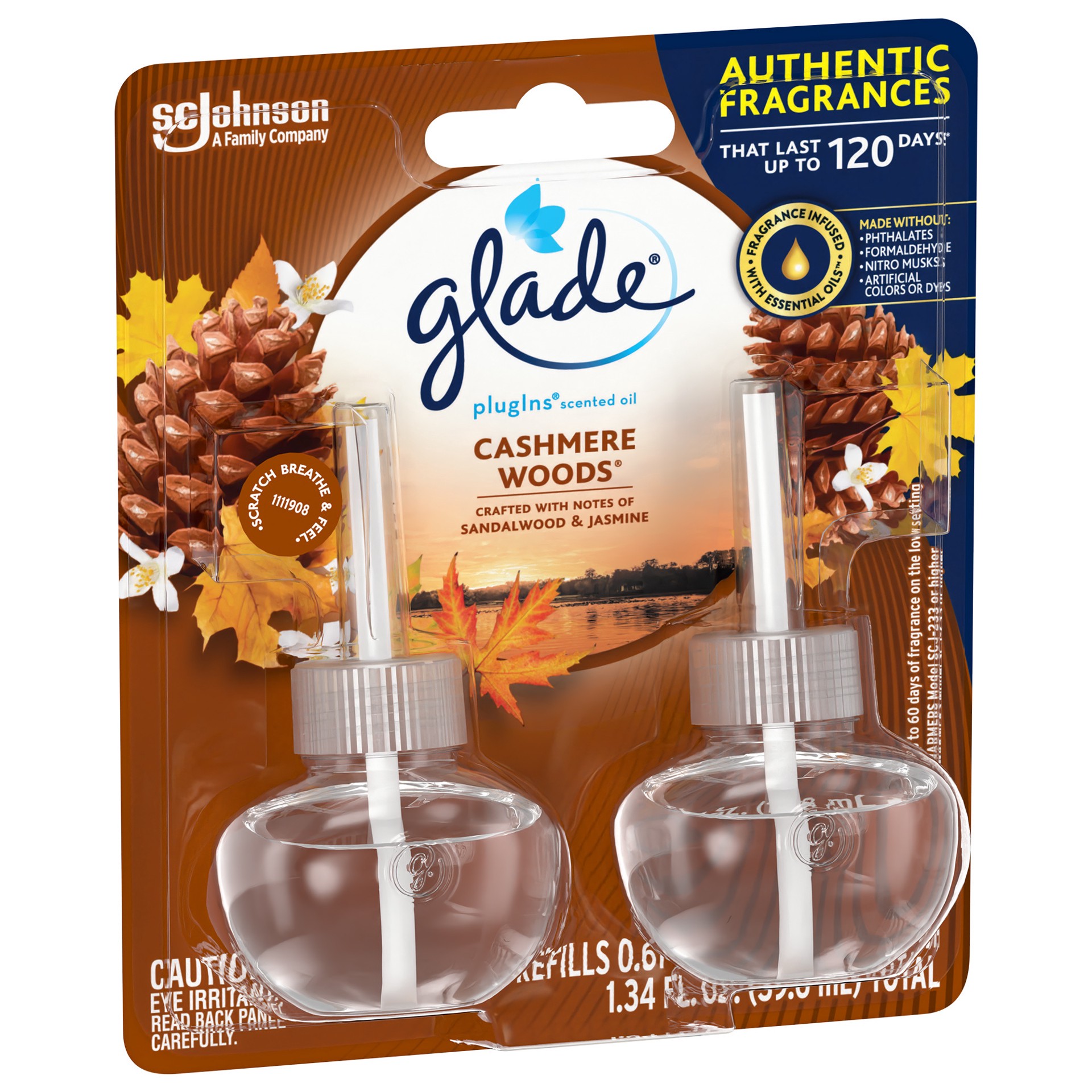 slide 2 of 5, Glade PlugIns Scented Oil Refill Cashmere Woods, Essential Oil Infused Wall Plug In, Up to 100 Days of Continuous Fragrance, 1.34 oz, Pack of 2, 1.34 fl oz