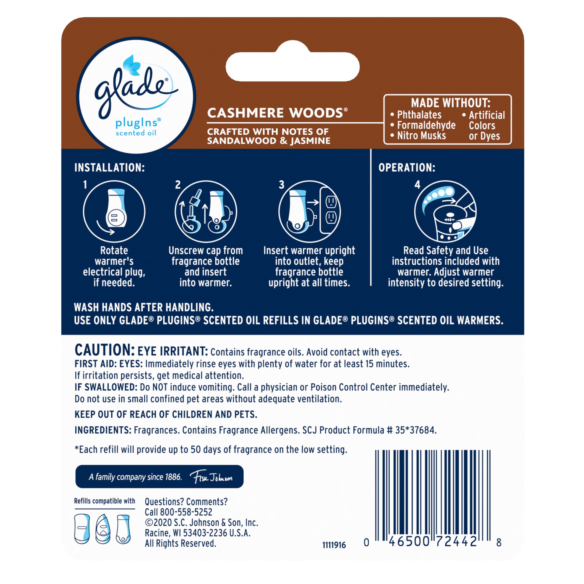 slide 4 of 5, Glade PlugIns Scented Oil Refill Cashmere Woods, Essential Oil Infused Wall Plug In, Up to 100 Days of Continuous Fragrance, 1.34 oz, Pack of 2, 1.34 fl oz