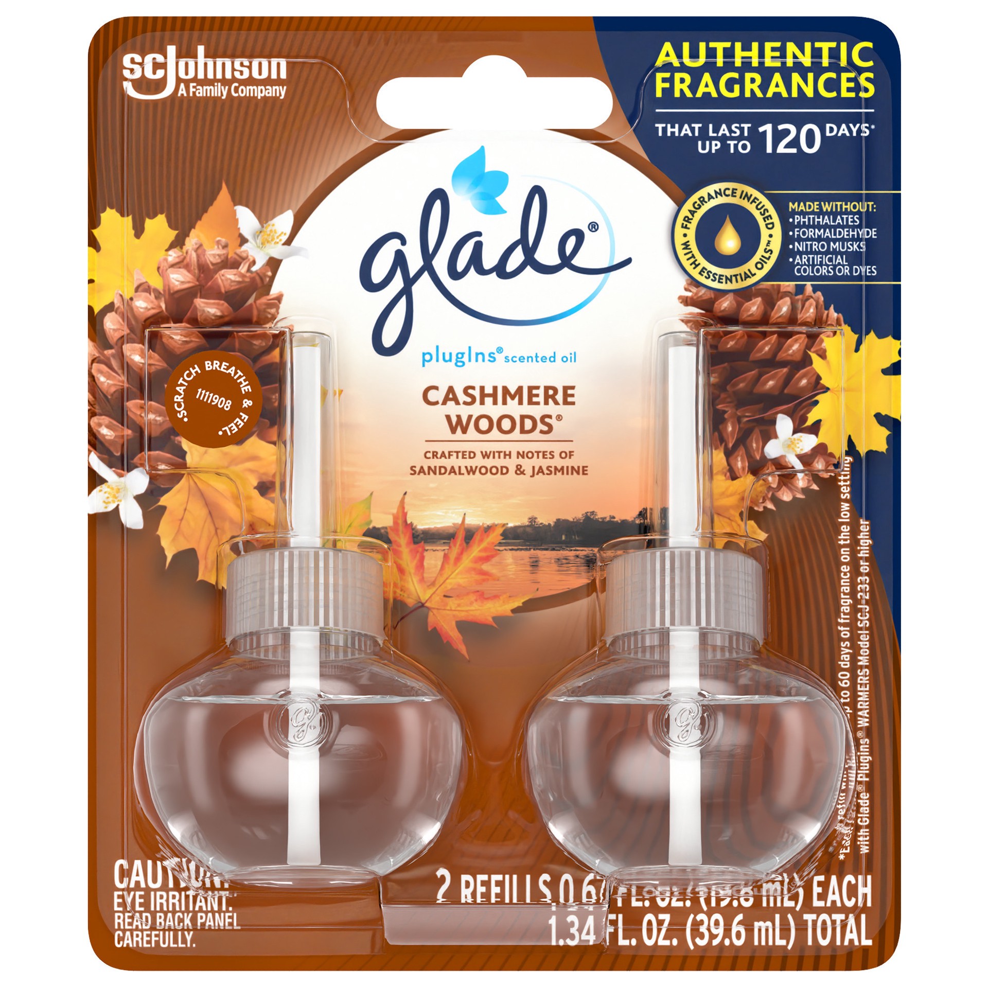 slide 1 of 5, Glade PlugIns Scented Oil Refill Cashmere Woods, Essential Oil Infused Wall Plug In, Up to 100 Days of Continuous Fragrance, 1.34 oz, Pack of 2, 1.34 fl oz