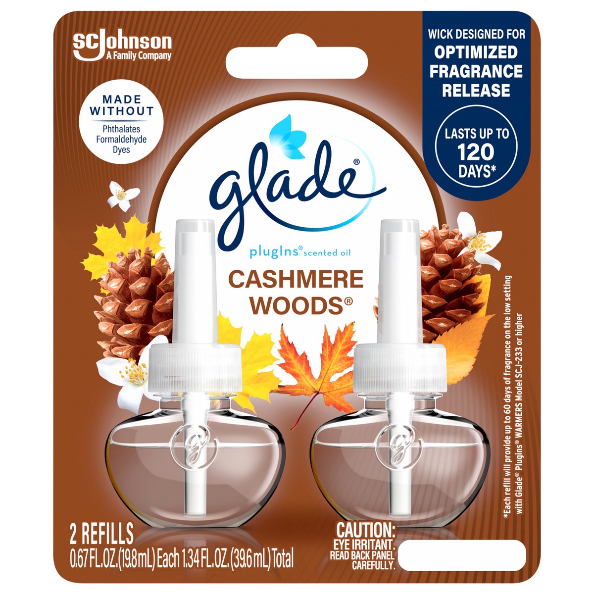 slide 1 of 5, Glade PlugIns Scented Oil 2 Refills, Air Freshener, Cashmere Woods, Essential Oil Infused Wall Plug In, 1.34 FL OZ, Pack of 2, 2 ct
