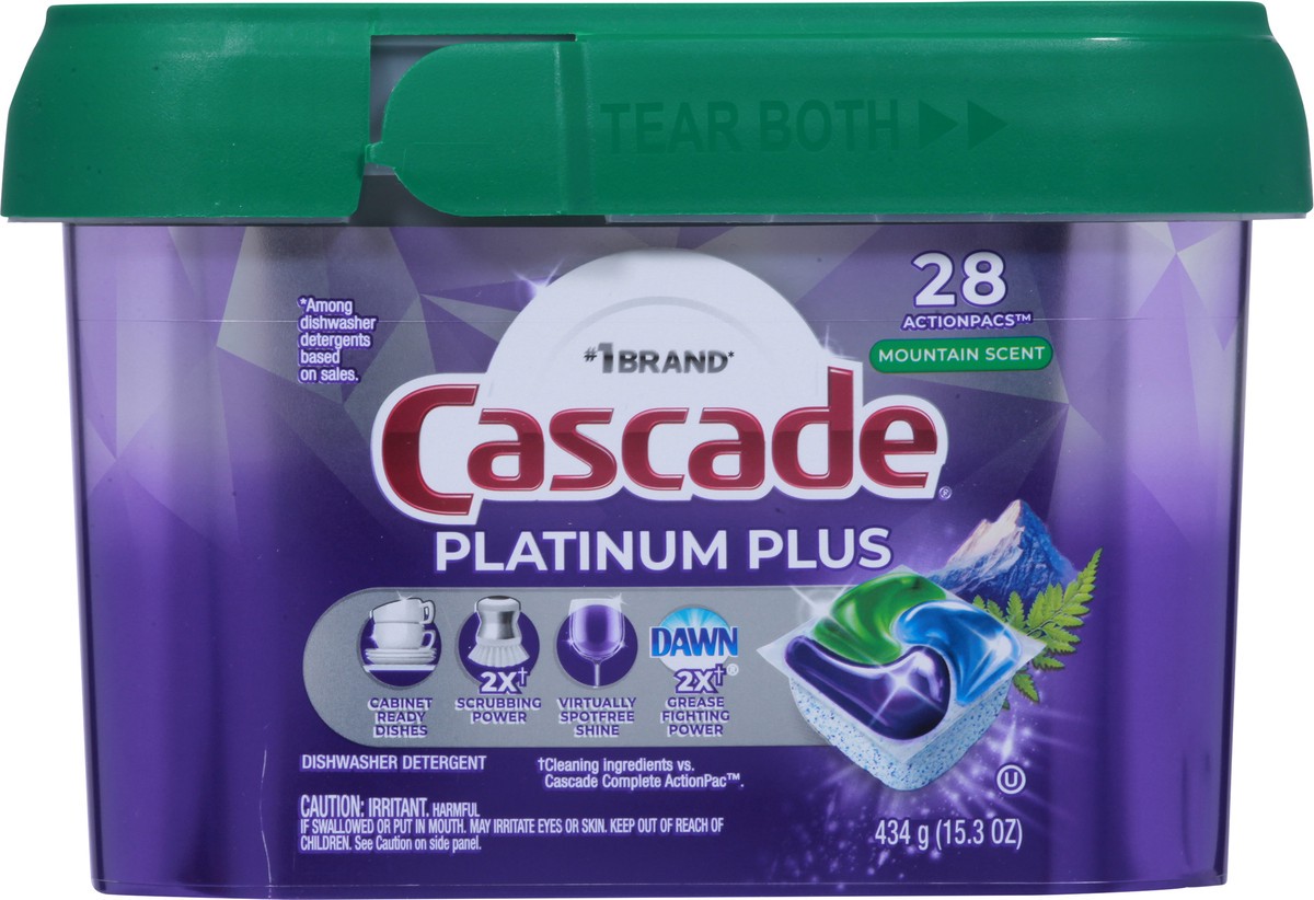 slide 6 of 13, Cascade Platinum Plus ActionPacs Mountain Scent Dishwasher Detergent 28 ea, 28 ct