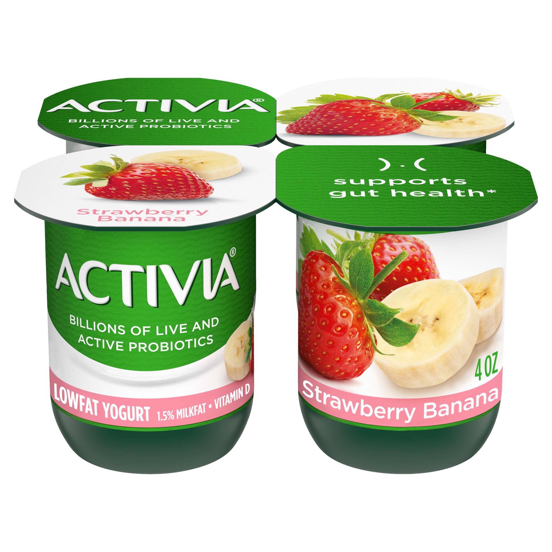 slide 1 of 8, Activia Strawberry Banana Probiotic Yogurt, Lowfat Yogurt Cups, 4 oz