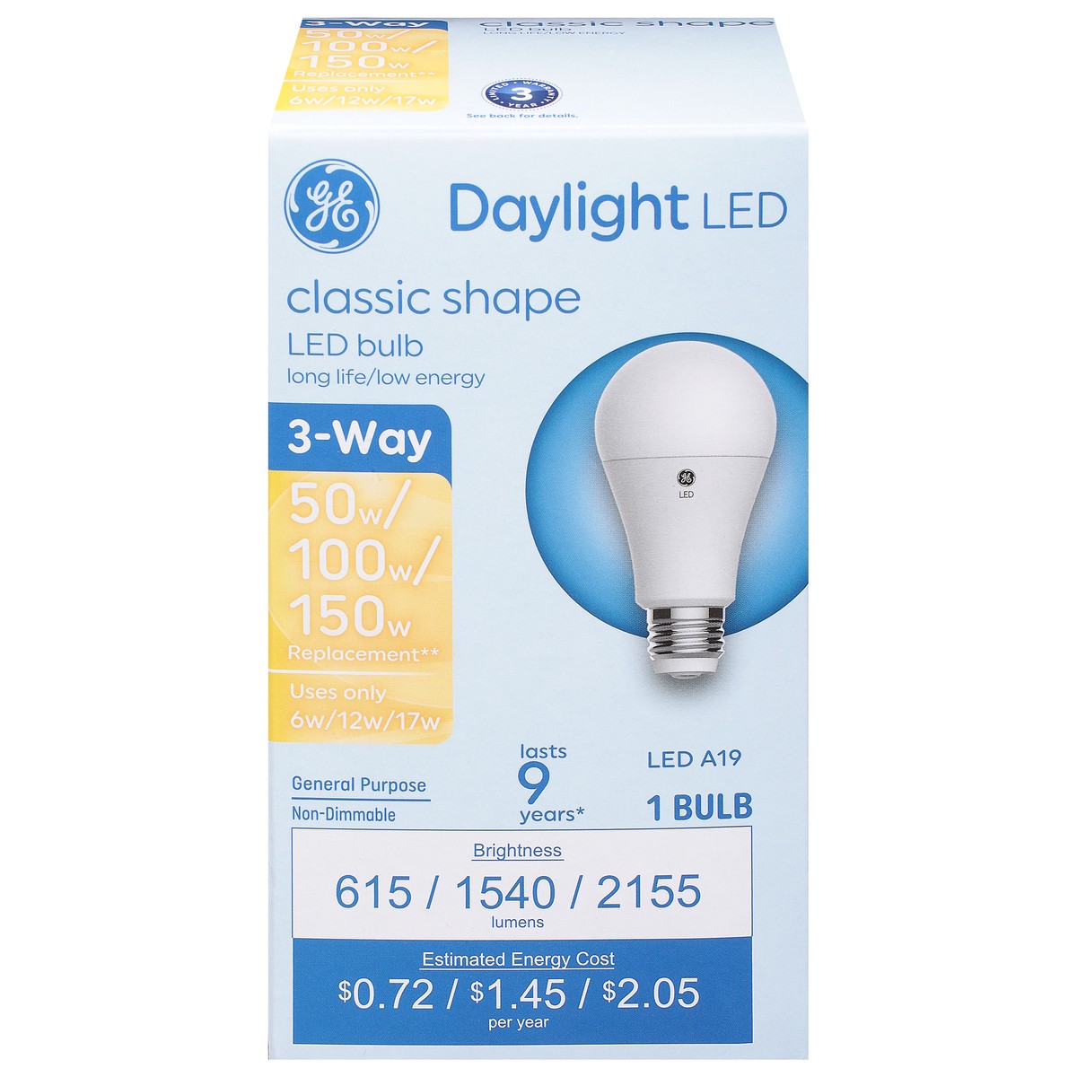 slide 1 of 9, GE 3-Way Classic Shape Daylight LED Light Bulb 1 ea, 1 ct