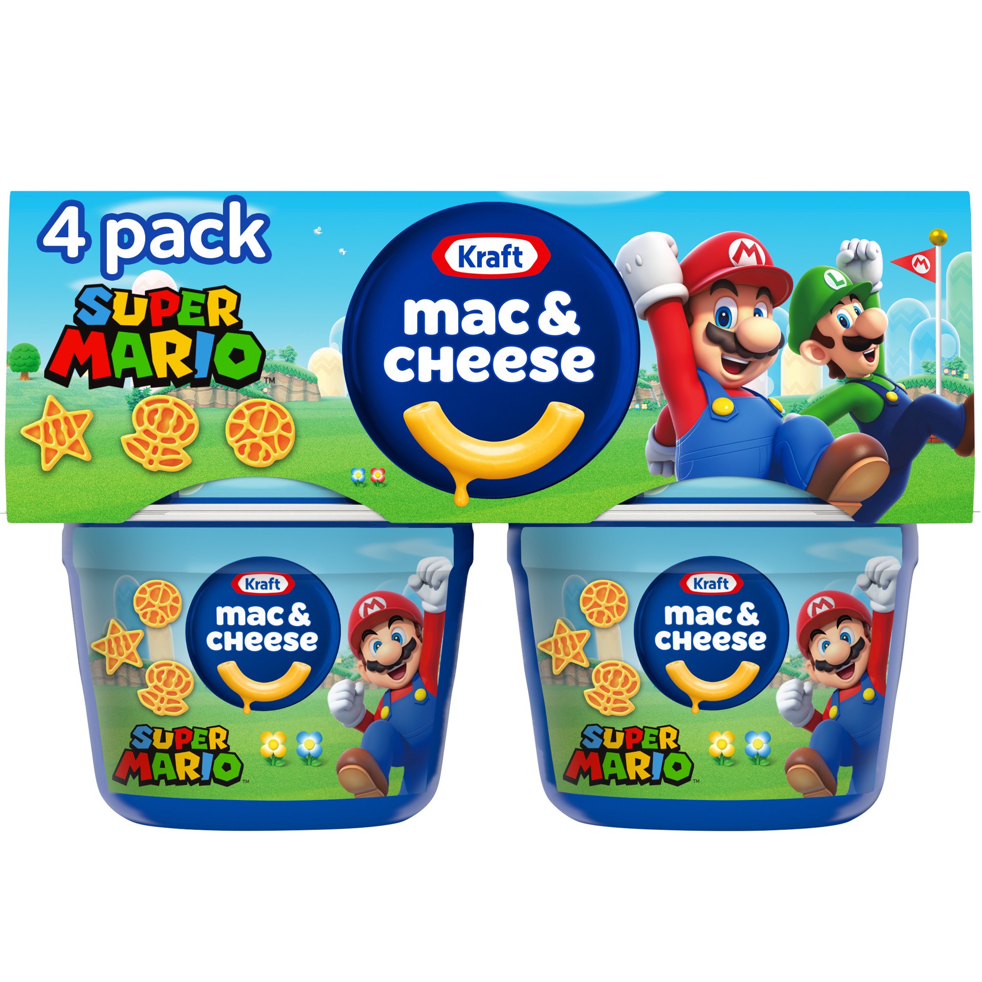 slide 1 of 9, Kraft Mac & Cheese Microwavable Dinner with Super Mario Power-Up Pasta Shapes, 4 1.9 oz Cups, 4 ct