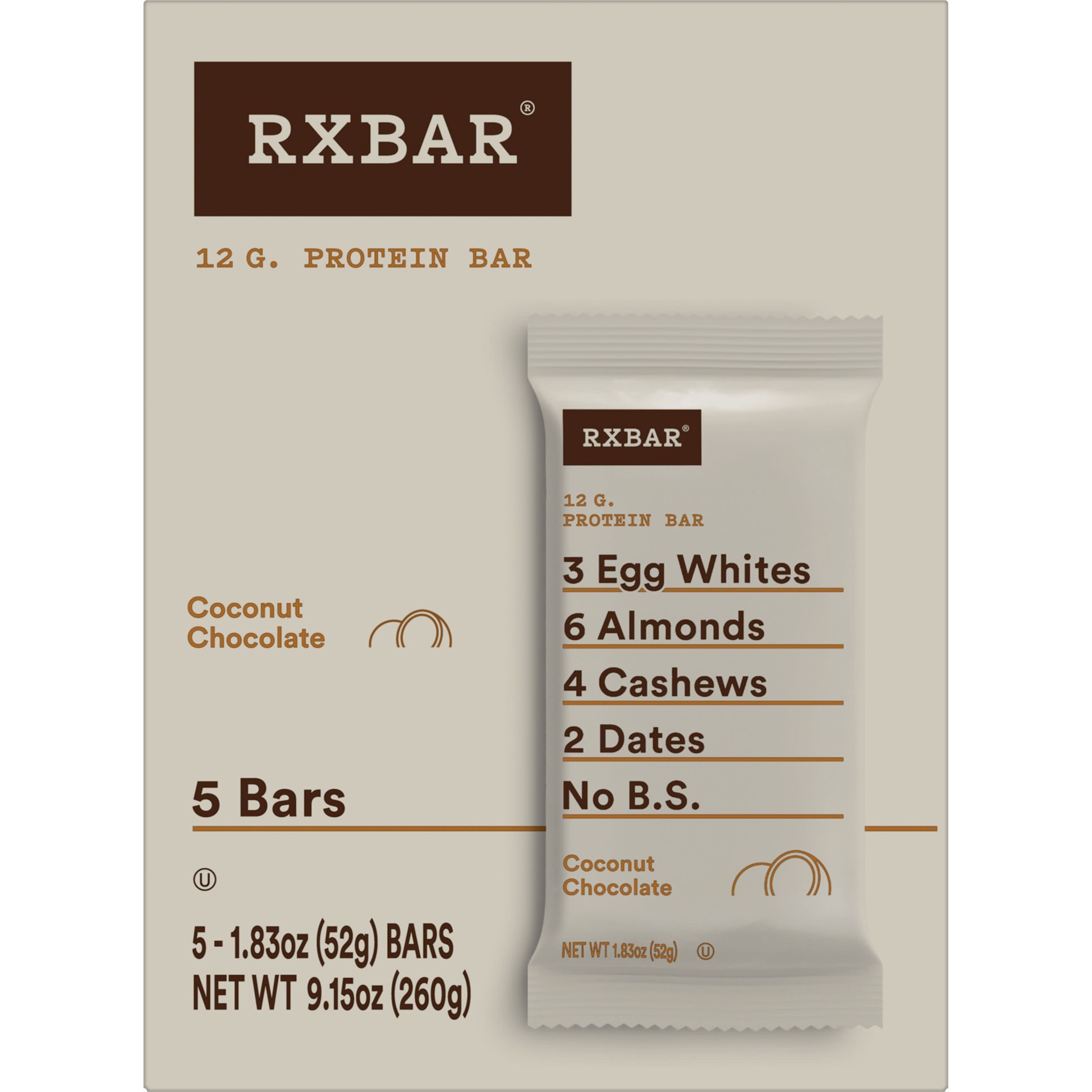 slide 1 of 5, RXBAR Protein Bars, 12g Protein, Gluten-Free, Snacks, Coconut Chocolate, 9.1oz Box, 5 Bars, 9.1 oz