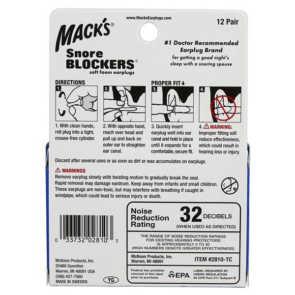 slide 4 of 5, Mack's Snore Blockers Soft Foam Earplugs, 12 ct