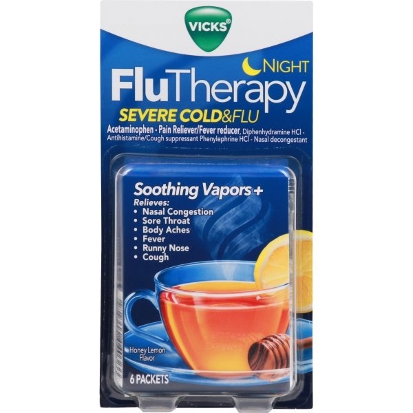 slide 1 of 1, Vicks Flutherapy Severe Cold & Flu Nighttime, Hot Drink, Soothing Vapors, Relieves Nasal Congestion, Sore Throat, Aches, Fever, Cough, Honey Lemon, 6 ct