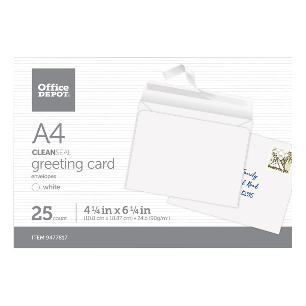 slide 1 of 3, Office Depot Brand Clean Seal Greeting Card Envelopes, A4, 4-1/4&Rdquo; X 6-1/4&Rdquo;, White, Box Of 25 Envelopes, 25 ct