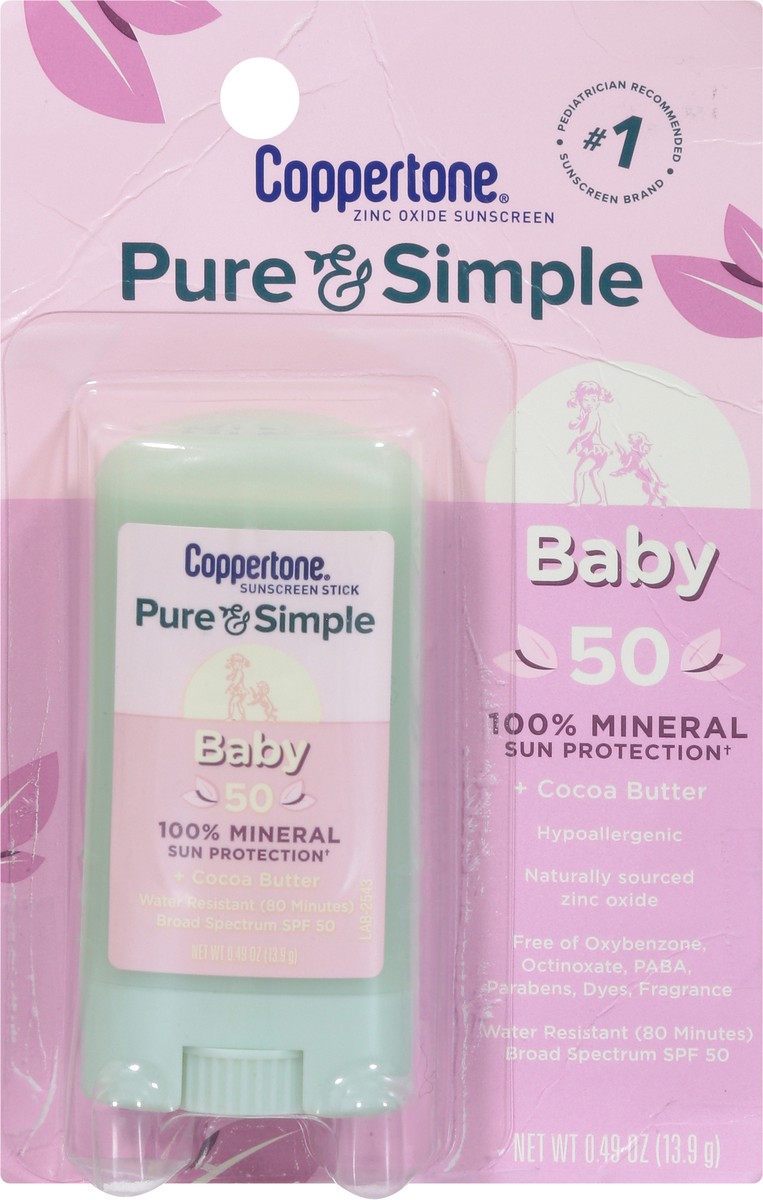 slide 9 of 13, Coppertone Pure & Simple Broad Spectrum SPF 50 Baby Sunscreen Stick 0.49 oz, 0.49 oz