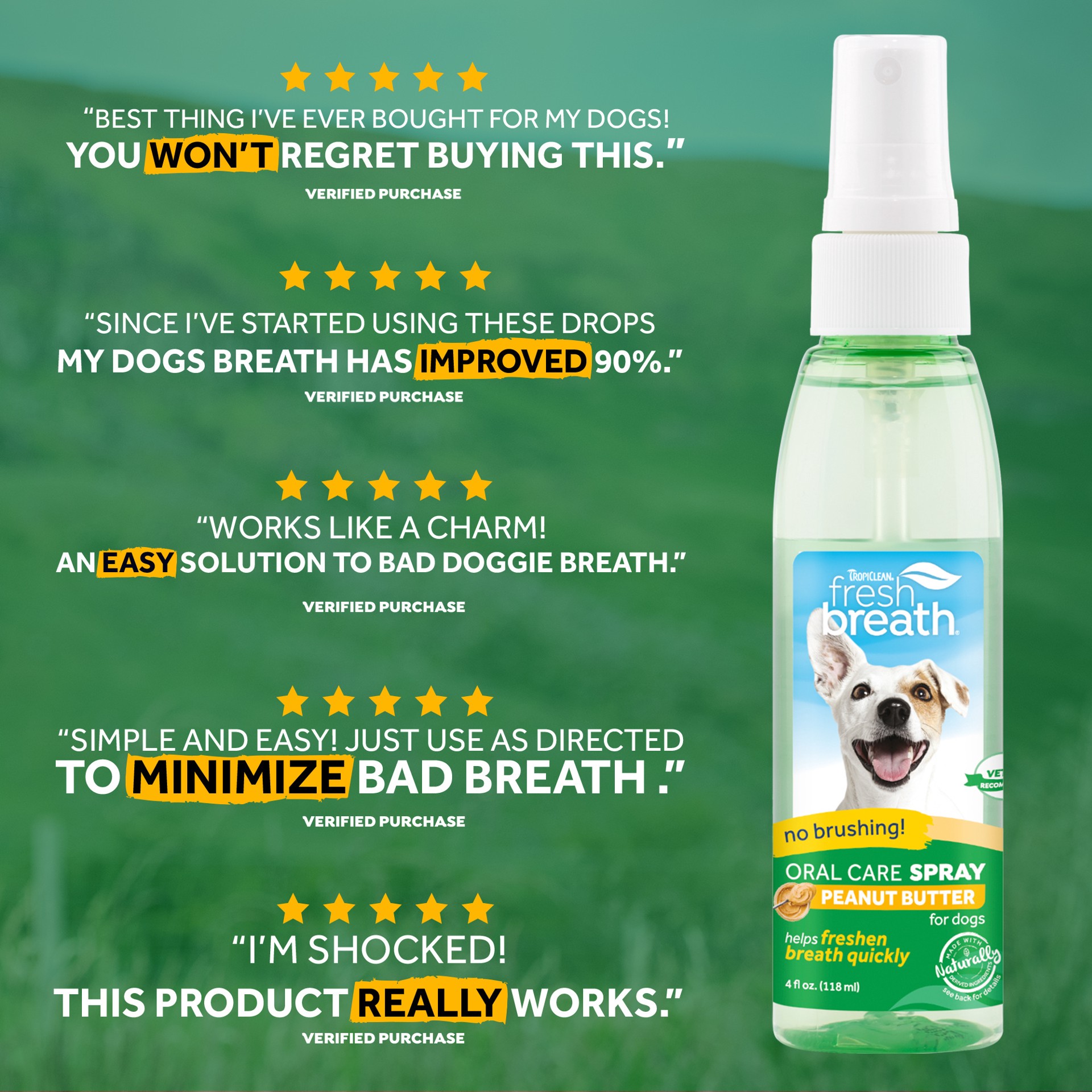 slide 9 of 9, TropiClean Fresh Breath Peanut Butter Oral Care Spray for Pets, 4oz, 4 oz