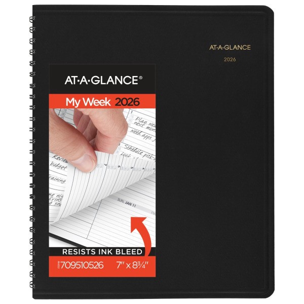 slide 1 of 10, AT-A-GLANCE® 2026 Weekly Appointment Book Planner, Black, Medium, 7"" x 8 3/4"", 1 ct