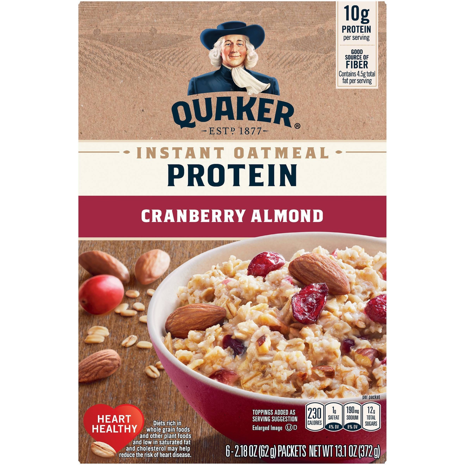 slide 1 of 5, Quaker Protein Cranberry Almond Instant Oatmeal, 6 ct; 2.18 oz