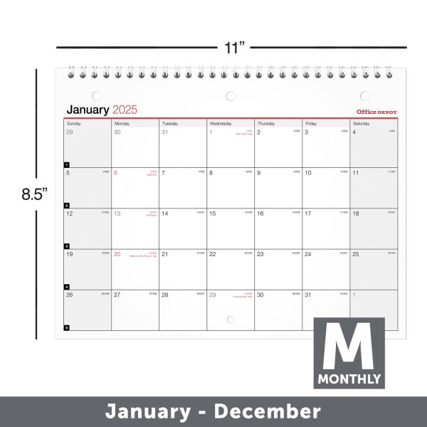 slide 2 of 2, Office Depot 2025 Office Depot Monthly Wall Calendar, 11"" X 8 1/2"", Traditional, January 2025 To December 2025, Od301528, 1 ct