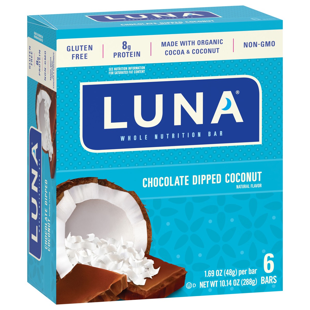 slide 5 of 9, LUNA Bar - Chocolate Dipped Coconut Flavor - Gluten-Free - Non-GMO - 7-9g Protein - Made with Organic Oats - Low Glycemic - Whole Nutrition Snack Bars - 1.69 oz. (6 Pack), 10.14 oz