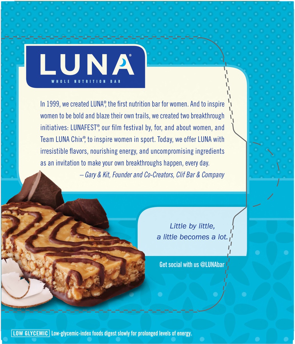 slide 9 of 9, LUNA Bar - Chocolate Dipped Coconut Flavor - Gluten-Free - Non-GMO - 7-9g Protein - Made with Organic Oats - Low Glycemic - Whole Nutrition Snack Bars - 1.69 oz. (6 Pack), 10.14 oz