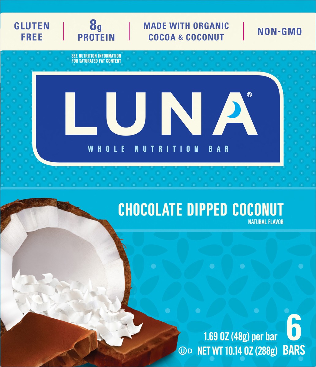 slide 8 of 9, LUNA Bar - Chocolate Dipped Coconut Flavor - Gluten-Free - Non-GMO - 7-9g Protein - Made with Organic Oats - Low Glycemic - Whole Nutrition Snack Bars - 1.69 oz. (6 Pack), 10.14 oz